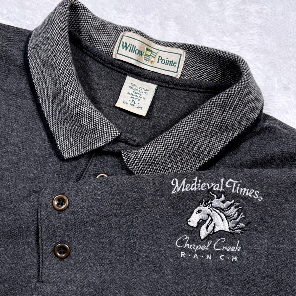 VTG Medieval Times Chapel Creek Ringer Polo Shirt Men XL Charcoal Gray VERY RARE